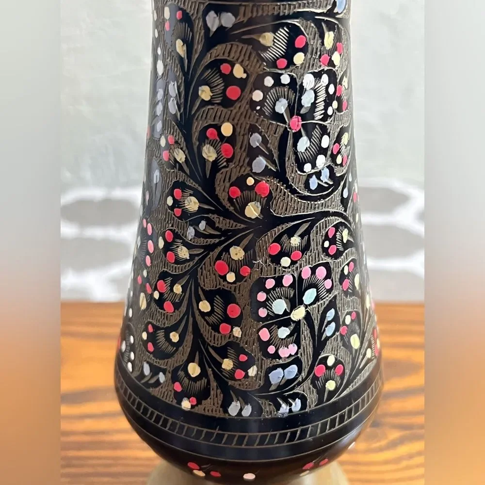 Vintage Black and Etched Brass Vase w enameled colorful painting, unique decor